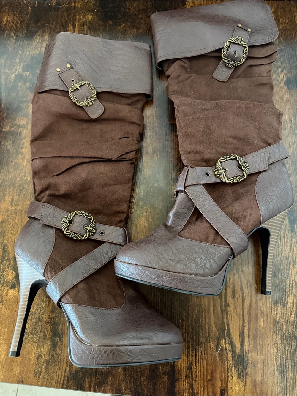 Women's Brown High-Heel Knee Boots with Decorative Buckles